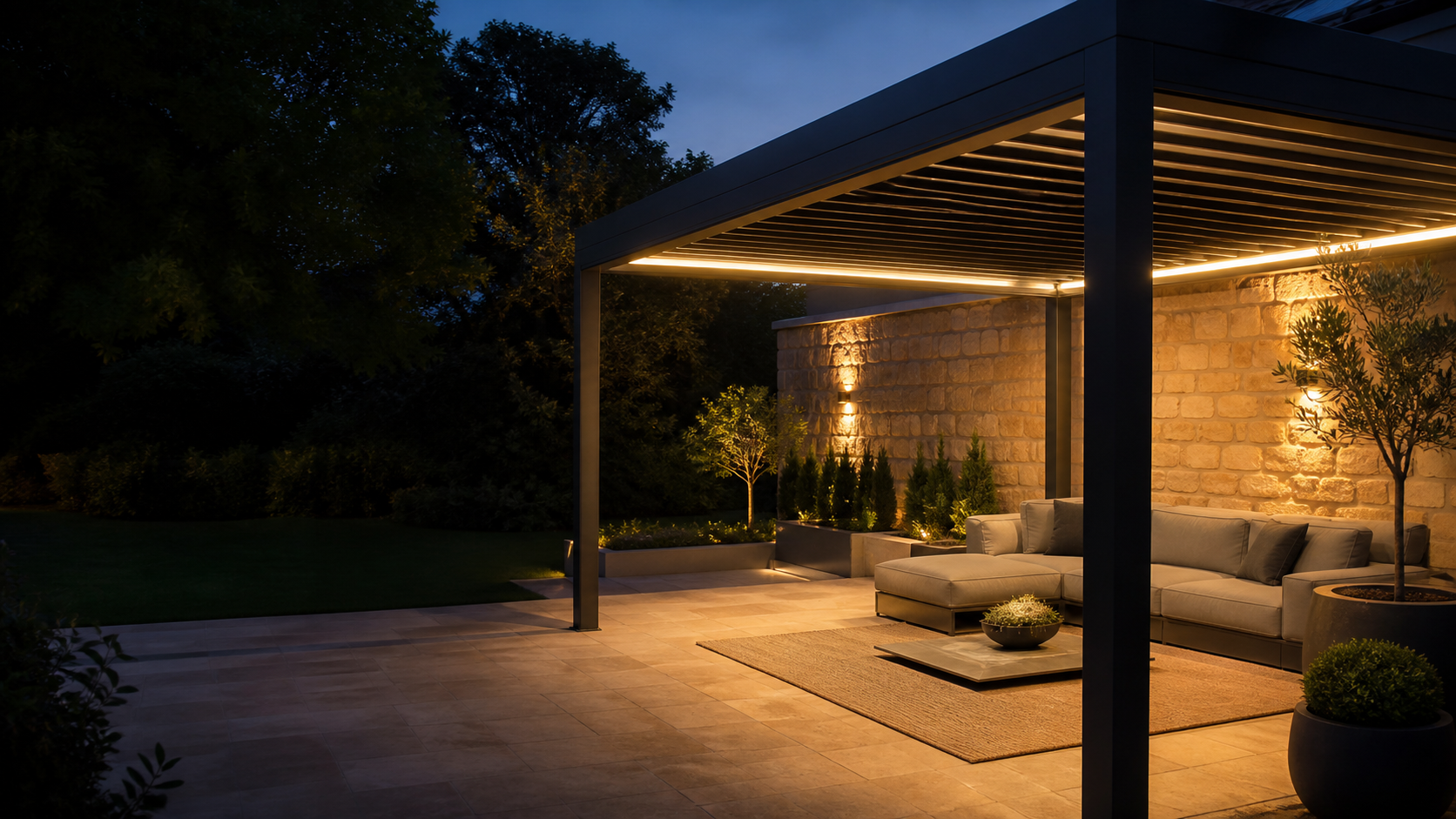 A contemporary illuminated pergola creating a welcoming outdoor room
